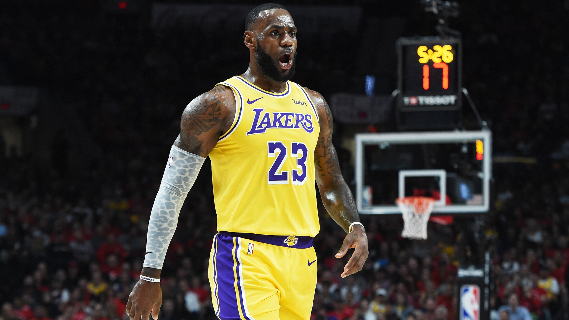 Los Angeles star LeBron James produced two massive dunks inside three minutes on his Lakers debut.