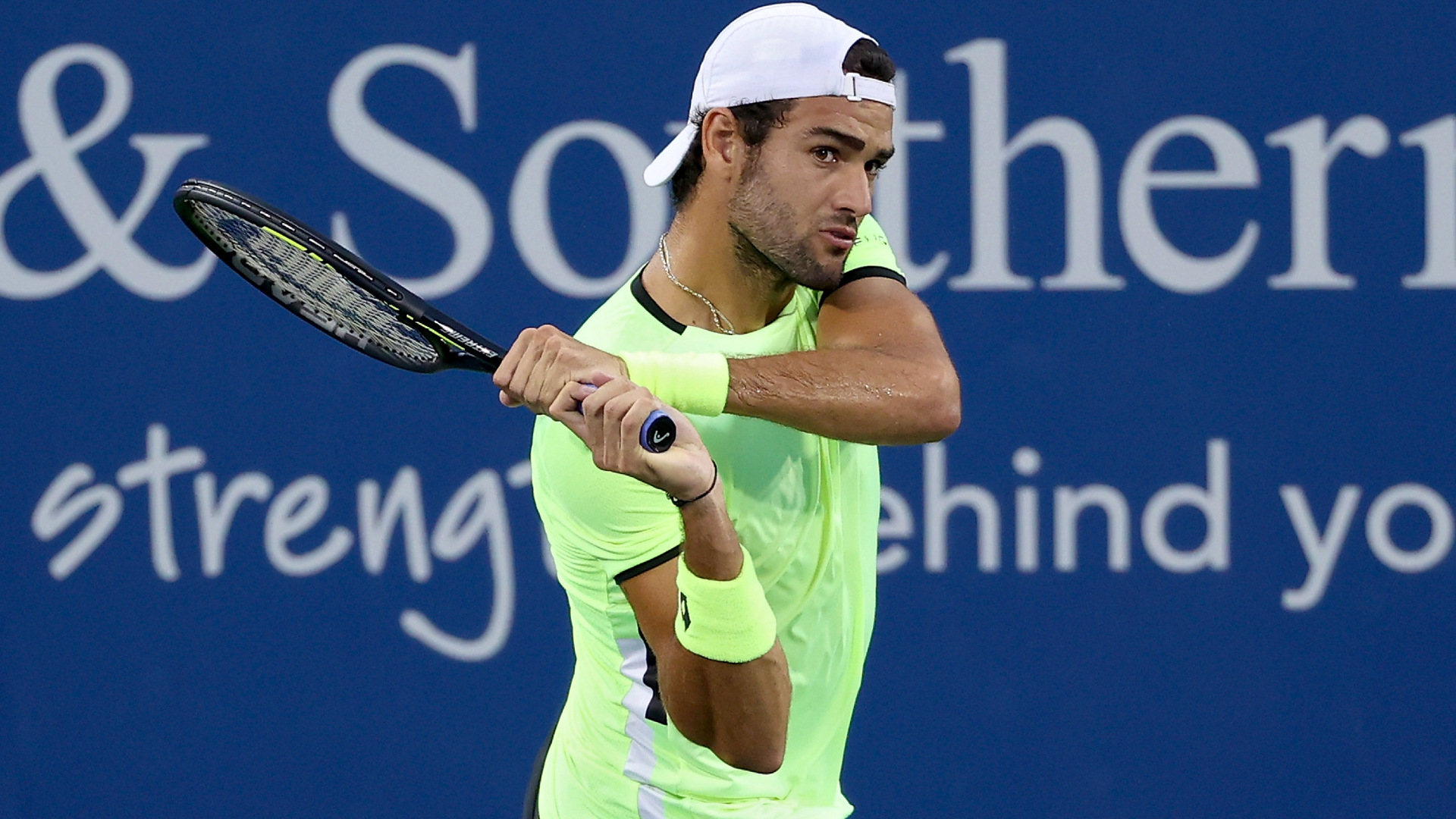 Matteo Berrettini won in his first match since losing the Wimbledon final to Novak Djokovic, although he had an early scare.