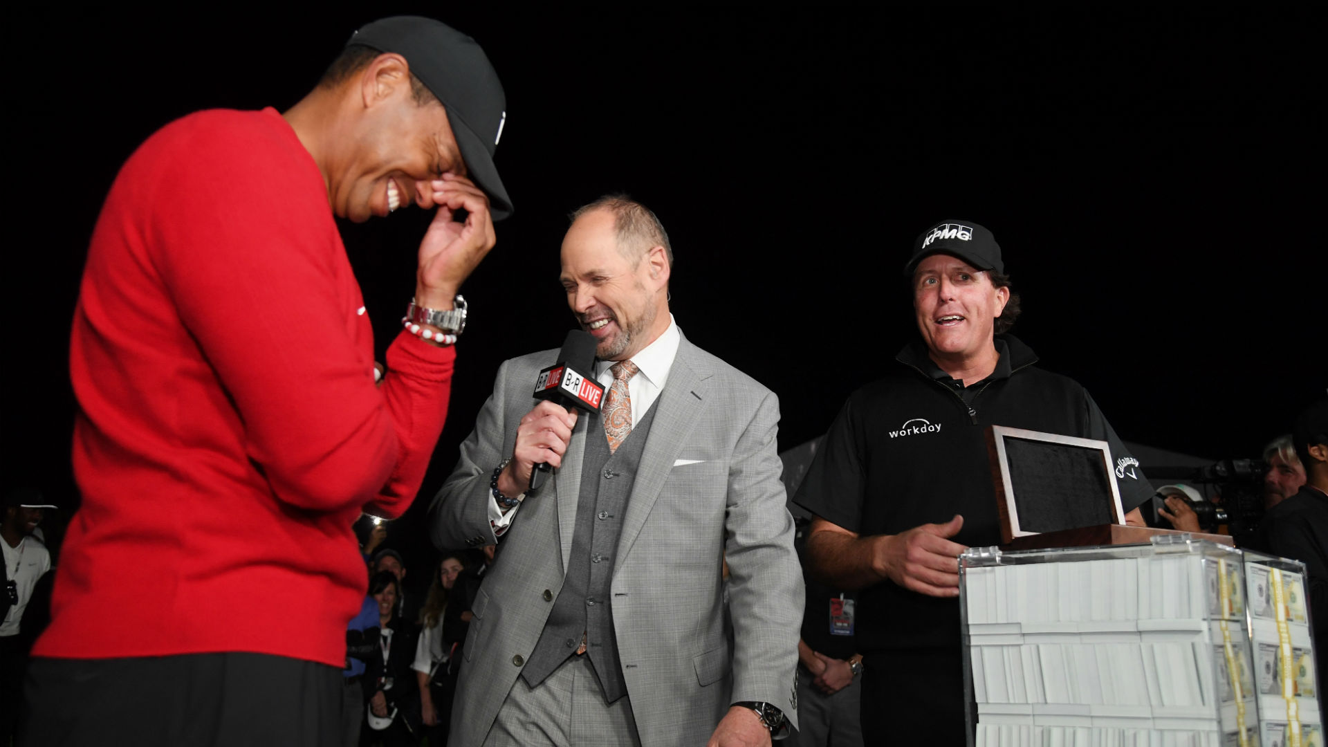 Phil Mickelson said a belt he was handed for his lucrative win over Tiger Woods must have been made for his fellow American.