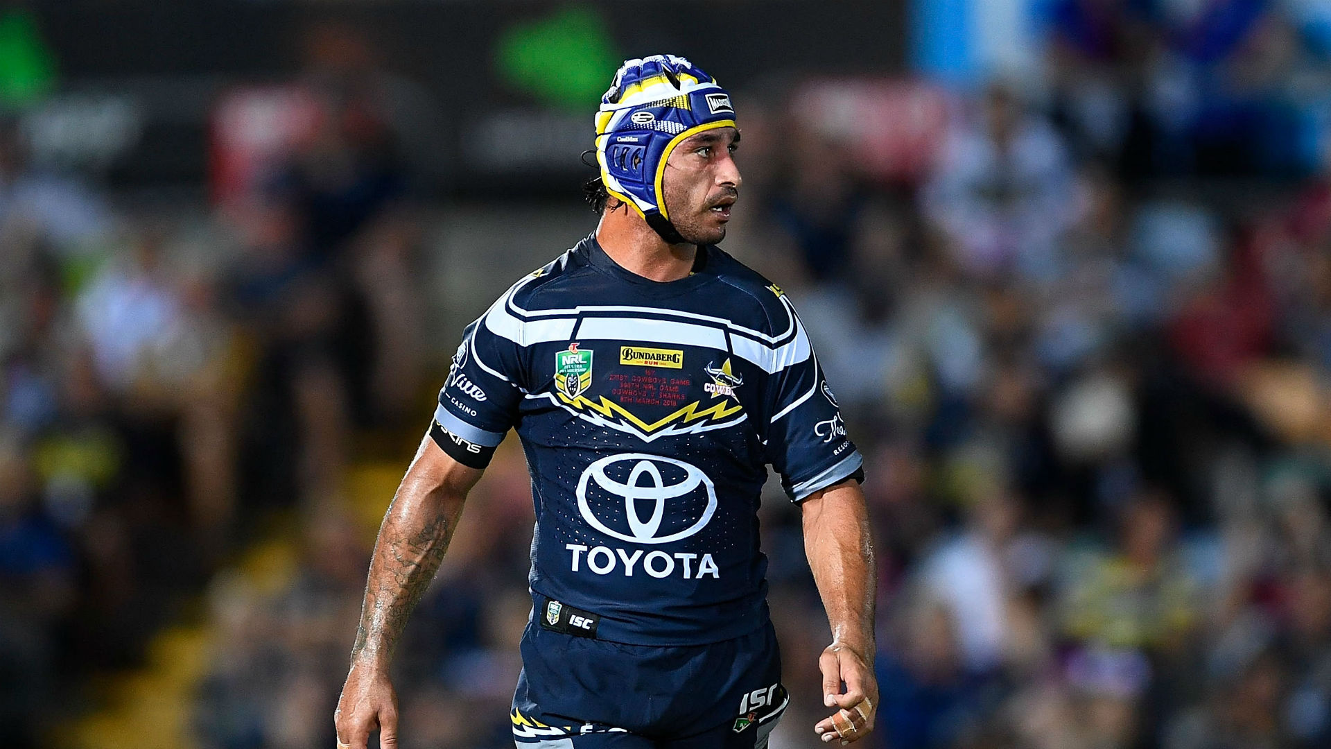 Johnathan Thurston made his 300th NRL appearance and a record-breaking 271st for the Cowboys as they beat the Sharks on Friday.