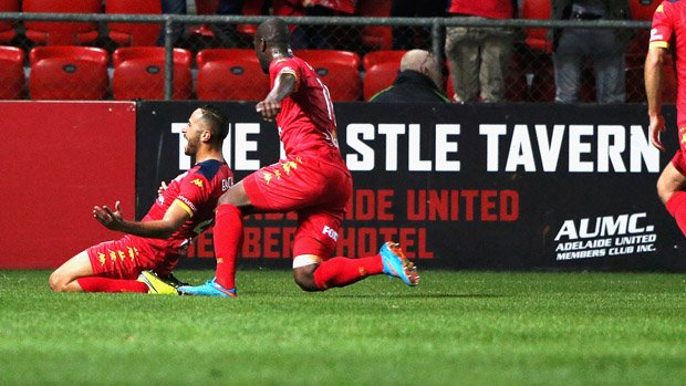 Tarek Elrich celebrates after scoring a stunner against Melbourne City FC.