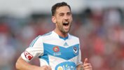 Victory skipper Carl Valeri celebrates scoring against the Wanderers last season.