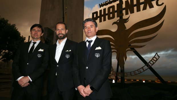 Wellington Phoenix coach Darije Kalezic, skipper Andrew Durante and assistant coach Rado Vidosic.