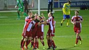 Hume City players celebrate a goal in that epic opening night win over Brisbane Strikers.