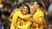 Westfield Matildas players celebrate one of Sam Kerr's goals against Brazil in Newcastle.