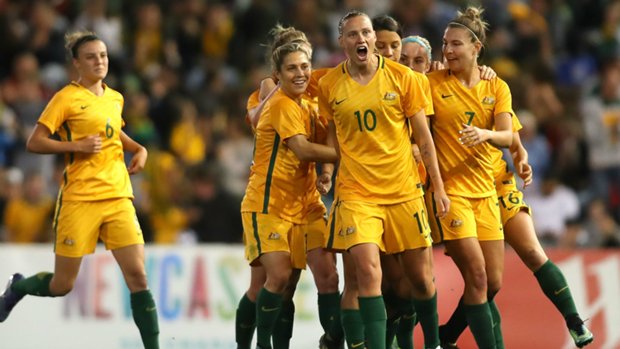 The Westfield Matildas celebrate a goal in he 3-2 win over Brazil in Newcastle.