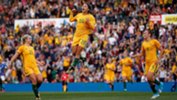 Sam Kerr celebrates a goal for the Westfield Matildas.
