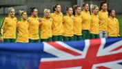 The Westfield Matildas starting XI sing the national anthem ahead of kick-off against China.