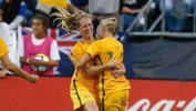 Elise Kellond-Knight celebrates with Tameka Butt after a Westfield Matildas goal at the recent Tournament of Nations.
