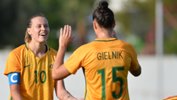 Emily Gielnik and Emily Van Egmond celebrate a goal in Australia's 2-1 win over China.