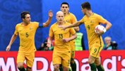 Caltex Socceroos players celebrate Mark Milligan's equaliser against Cameroon.