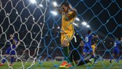 Trent Sainsbury reacts to a missed chance when the Caltex Socceroos played Thailand in Bangkok.