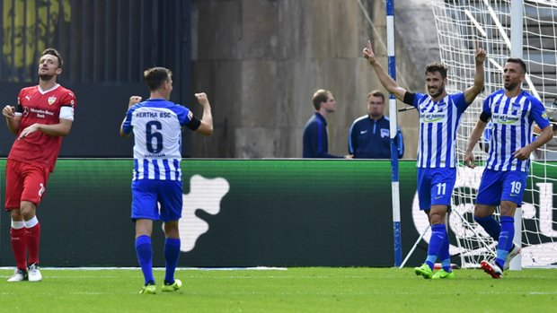 Caltex Socceroo Mathew Leckie celebrates one of his two goals in Hertha Berlin's 2-0 Bundesliga win over Vfb Stuttgart.