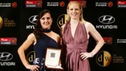 Westfield Matildas co-captains Lisa De Vanna and Clare Polkinghorne with the 2016 Judy Dolan Medal on behalf of Ashleigh Sykes.
