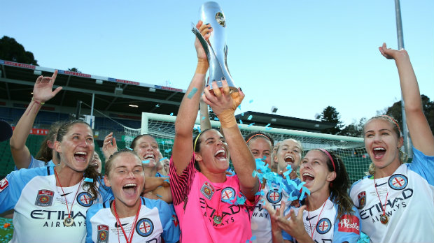 Melbourne City celebrate with the Westfield W-League trophy