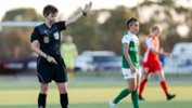 Westfield W-League referee Casey Reibelt takes charge of a match between Canberra and Adelaide.