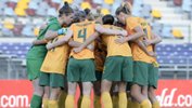 The Westfield Matildas make a huddle before last April's friendly against Brazil on home soil.