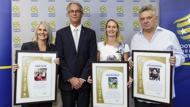 Referee Tammy Ogston, FFA CEO David Gallop, Matilda Sacha Wainwright and Socceroo Peter Raskopoulos.