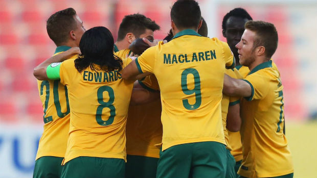 The Olyroos celebrate scoring at the 2016 AFC U-23 Championships.