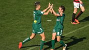 Michelle Heyman celebrates scoring with teammate Ashleigh Sykes.