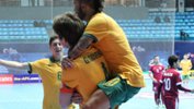 The Futsalroos celebrate a goal from captain Greg Giovenali against Qatar at the 2016 AFC Futsal Championship. Images courtesy of Mark Seeto