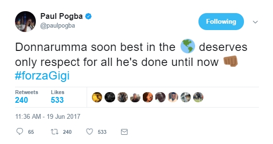 Pogba's Donnarumma tweet