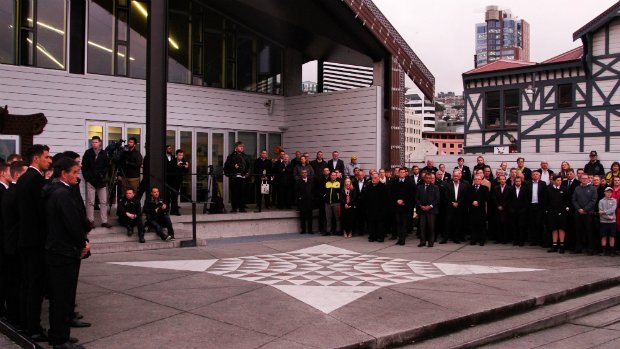 Dignitaries, fans and the Wellington Phoenix staff and team gather at the Wharewaka on the Wellington waterfront.