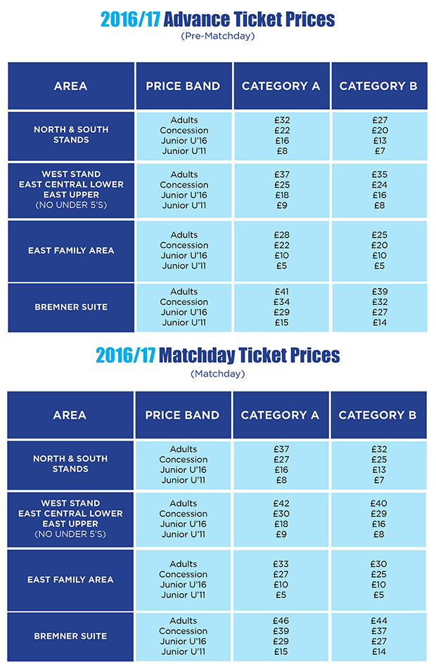 2016 17 matchday ticket prices announced leeds united