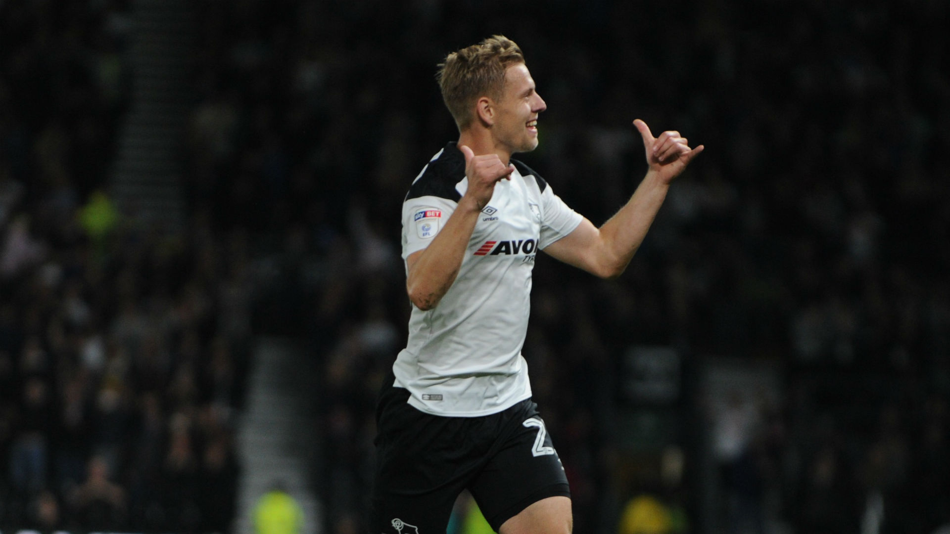 Derby County striker Matej Vydra celebrates scoring against Hull City