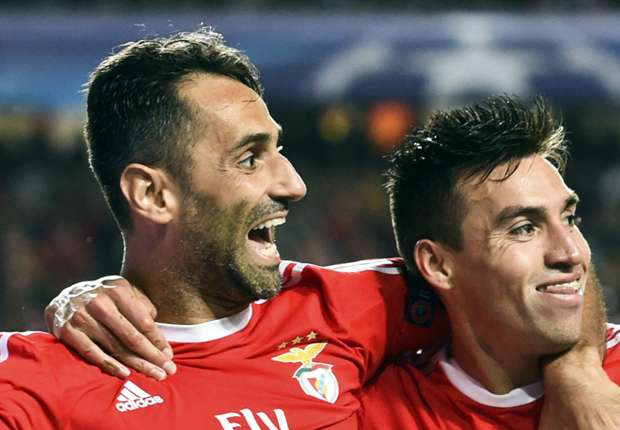 Mitroglou and Gaitan celebrate for Benfica