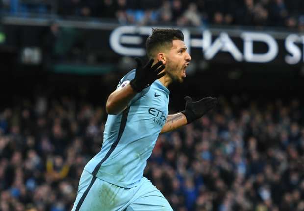 Manchester City striker Sergio Aguero celebrates a Premier League goal against Liverpool