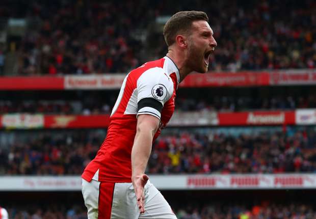 Shkodran Mustafi celebrates his goal for Arsenal against Manchester City