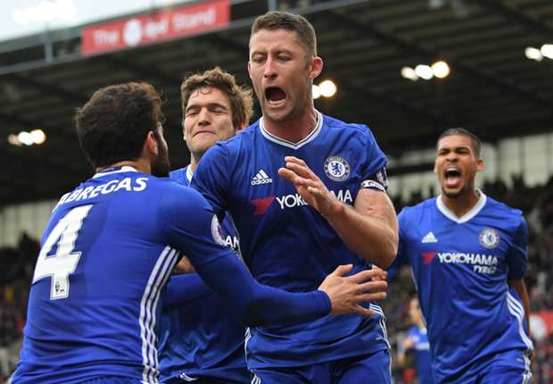 Chelsea defender Gary Cahill celebrates his winner against Stoke City