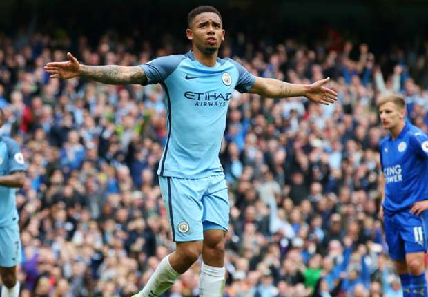 Gabriel Jesus celebrates a Manchester City goal against Leicester City