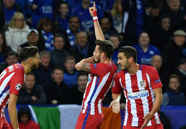 Saul Niguez (centre) celebrates his goal against Leicester City