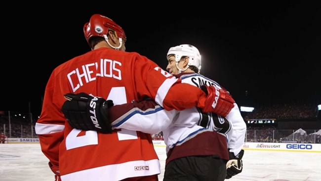 Chris Chelios, left, and Joe Sakic