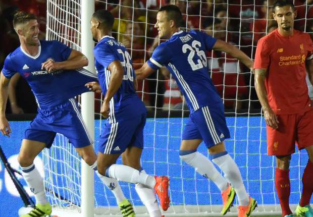 Gary Cahill celebrates after scoring against Liverpool