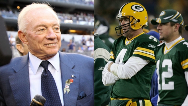 Jerry Jones, Brett Favre and Aaron Rodgers
