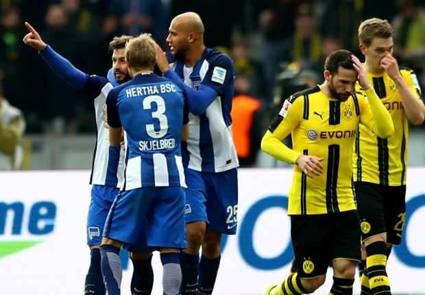 Marvin Plattenhardt is mobbed by his Hertha team-mates