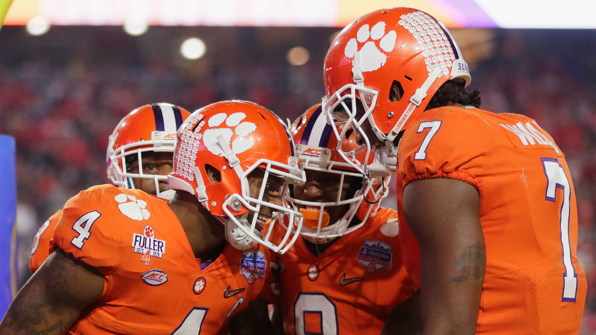 Hunter Renfrow, left, celebrates game-winning touchdown