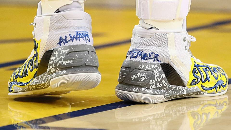 Stephen Curry sports his latest shoes during Game 1 of the NBA