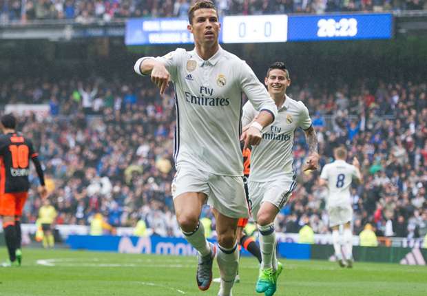 Cristiano Ronaldo celebrates a Real Madrid goal against Valencia