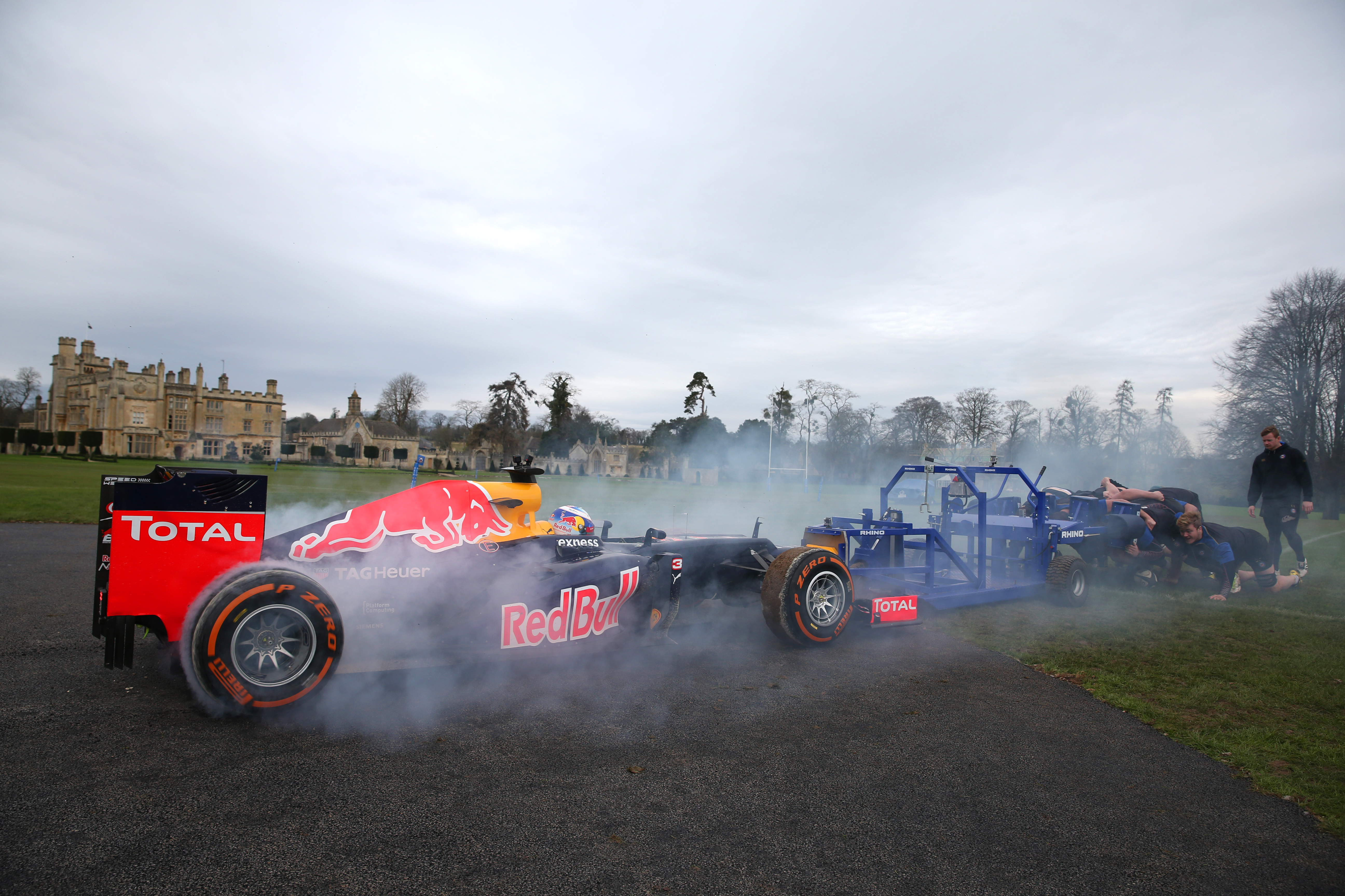 Ricciardo F1 car vs Bath Rugby scrum 