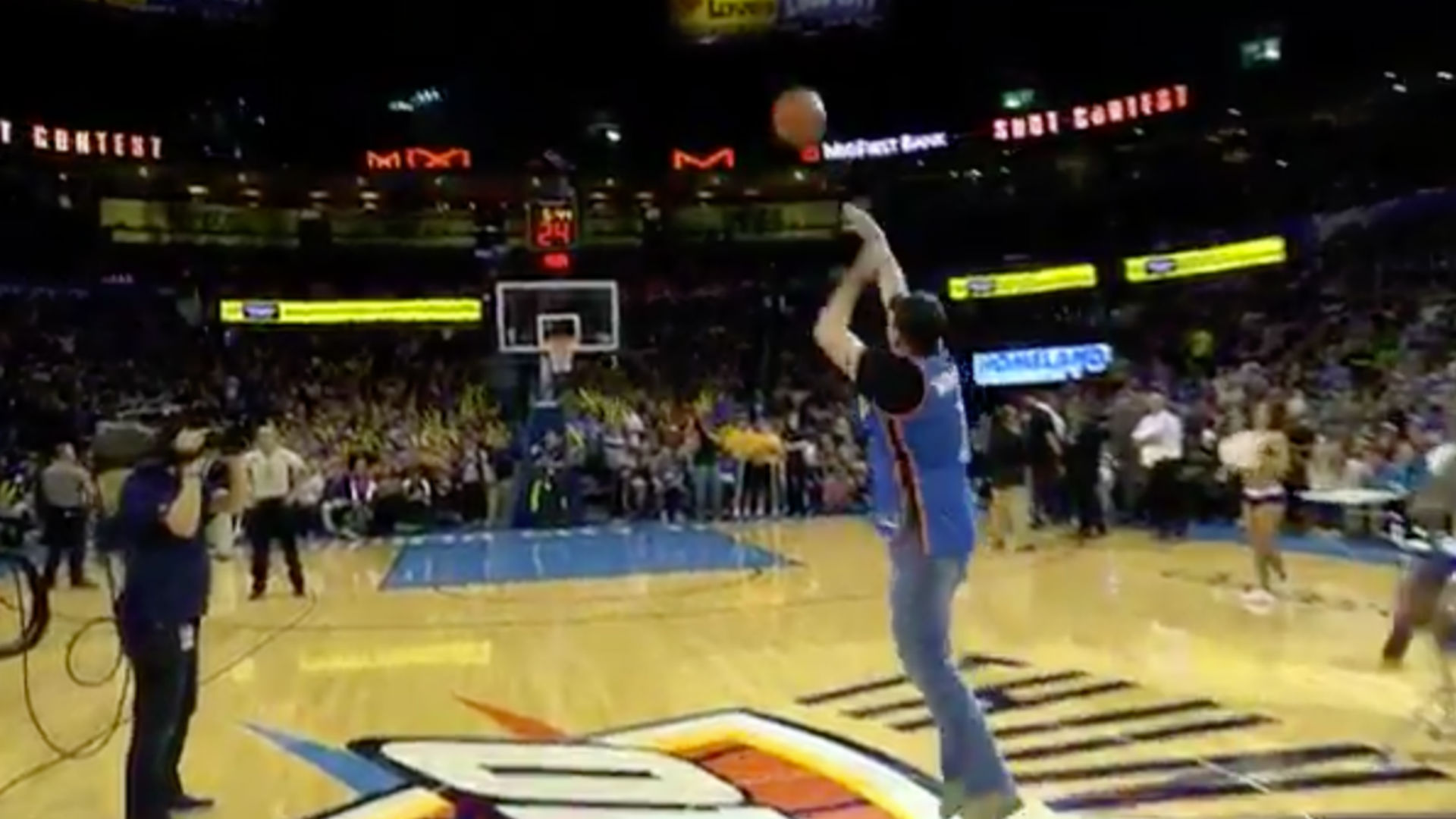 Thunder fan hits half court shot wins $20 000 NBA Sporting News Thunder fan hits half court shot wins $20 000 NBA Sporting News