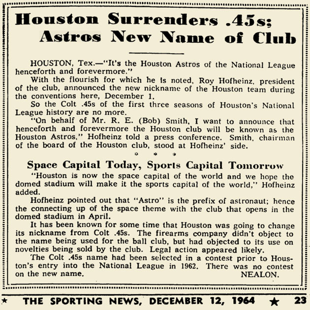 Houston MLB team changes from Colt .45s to Astros on Dec. 1, 1964