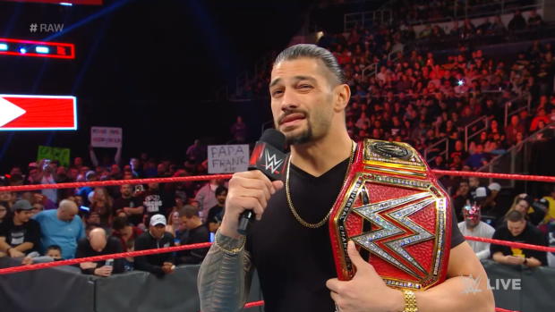 Roman Reigns relinquishes the Universal Title to battle his returning leukemia: Raw, Oct. 22, 2018 Roman Reigns relinquishes the Universal Title to battle his returning leukemia: Raw, Oct. 22, 2018