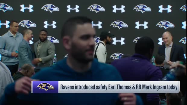 Baltimore Ravens safety Earl Thomas, running back Mark Ingram are introduced as Baltimore Ravens Baltimore Ravens safety Earl Thomas, running back Mark Ingram are introduced as Baltimore Ravens