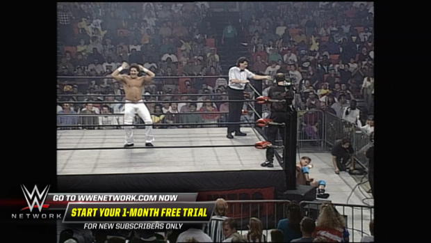 Alex Wright soars over the top rope to take down Disco Inferno: WCW Monday Nitro, Sept. 25, 1995 (WWE Network Exclusive) Alex Wright soars over the top rope to take down Disco Inferno: WCW Monday Nitro, Sept. 25, 1995 (WWE Network Exclusive)