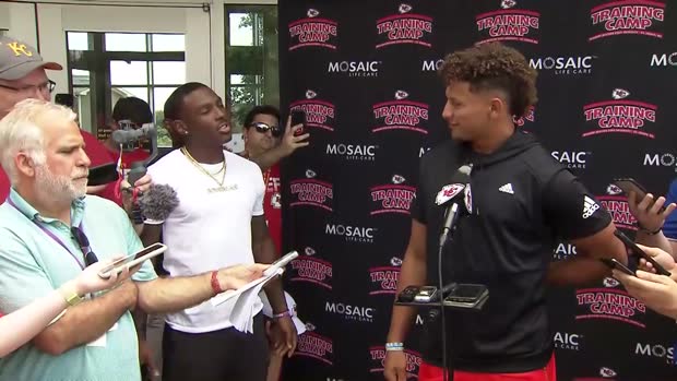 Kansas City Chiefs wide receiver Mecole Hardman crashes quarterback Patrick Mahomes press conference at Chiefs training camp Kansas City Chiefs wide receiver Mecole Hardman crashes quarterback Patrick Mahomes press conference at Chiefs training camp