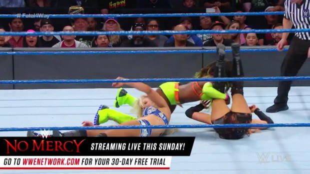 Charlotte Flair vs. Becky Lynch vs. Naomi vs. Tamina - Winner faces Natalya for the SmackDown Women's Title at WWE Hell in a Cell: SmackDown LIVE, Sept. 19, 2017 Charlotte Flair vs. Becky Lynch vs. Naomi vs. Tamina - Winner faces Natalya for the SmackDown Women's Title at WWE Hell in a Cell: SmackDown LIVE, Sept. 19, 2017